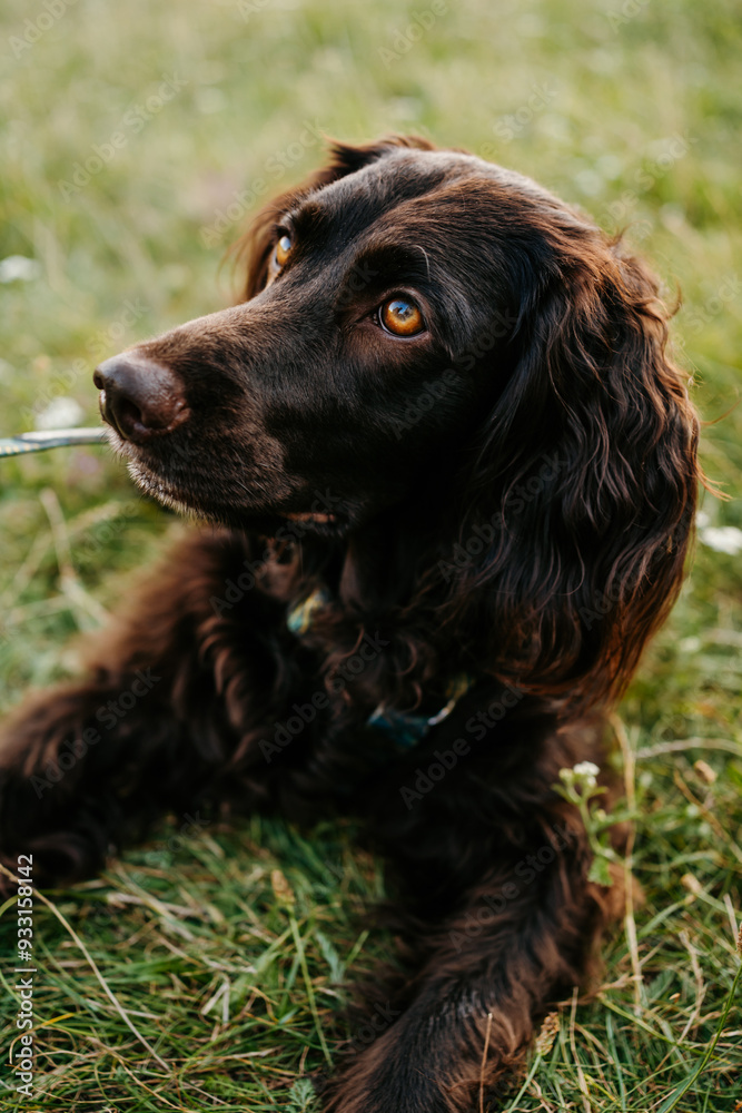 Portrait of a brown Wachtelhund dog. Portrait taken against a green background. Portrait of a brown Wachtelhund dog. Portrait taken against a green background.
