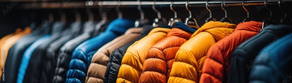 Fototapeta premium Colorful Winter Jackets on Display in a Clothing Store with Focus on Vibrant Outerwear