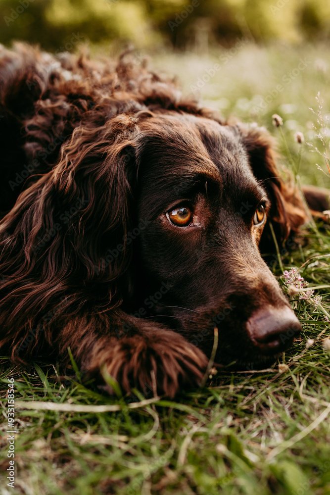 Portrait of a brown Wachtelhund dog. Portrait taken against a green background. Portrait of a brown Wachtelhund dog. Portrait taken against a green background.