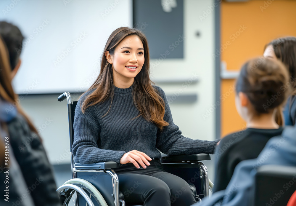 A smiling Asian woman in her late thirties, dressed in black leggings and a grey sweater, sits in an electric wheelchair addressing university students. A smiling Asian woman in her late thirties, dressed in black leggings and a grey sweater, sits in an electric wheelchair addressing university students.