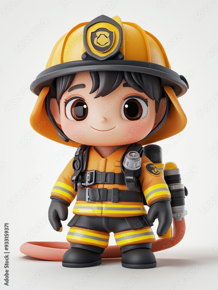 A cute firefighter character in a yellow helmet and full firefighting gear, holding a fire hose, ready to tackle any emergency.