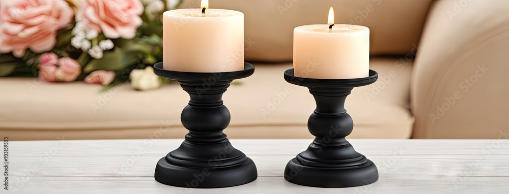 Elegant black candle holders with warm candles enhance a cozy living room adorned with beige sofas and floral accents Elegant black candle holders with warm candles enhance a cozy living room adorned with beige sofas and floral accents