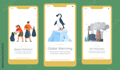 Mobile interface illustration showcasing waste pollution, global warming, and air pollution. The design highlights environmental issues, raising awareness through a clean and modern layout.