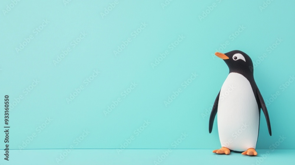 Obraz premium 3D baby penguin waddling on a pastel blue paper textured background, soft lighting and playful mood, 3D animal, cute and serene
