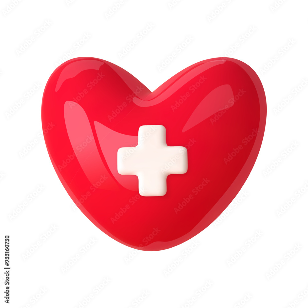 3d red heart with white cross. Health and medical icon. Cartoon vector illustration 3d red heart with white cross. Health and medical icon. Cartoon vector illustration