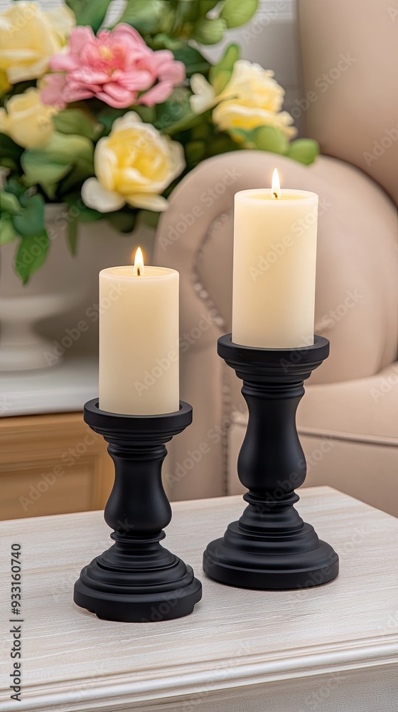Elegant black candle holders with tall and short candles create a cozy atmosphere beside a beige sofa adorned with flowers Elegant black candle holders with tall and short candles create a cozy atmosphere beside a beige sofa adorned with flowers