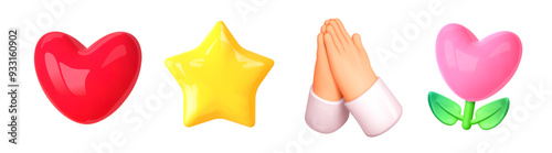 Heart, sorry emoji, love flower,yellow star. 3d social icon. Prayer hands, like symbol, follow,donate symbol. Vector elements for social media design and mobile apps