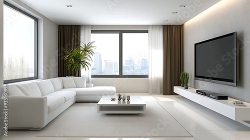 Modern Living Room with White Sofa  City View  and Flat Screen TV