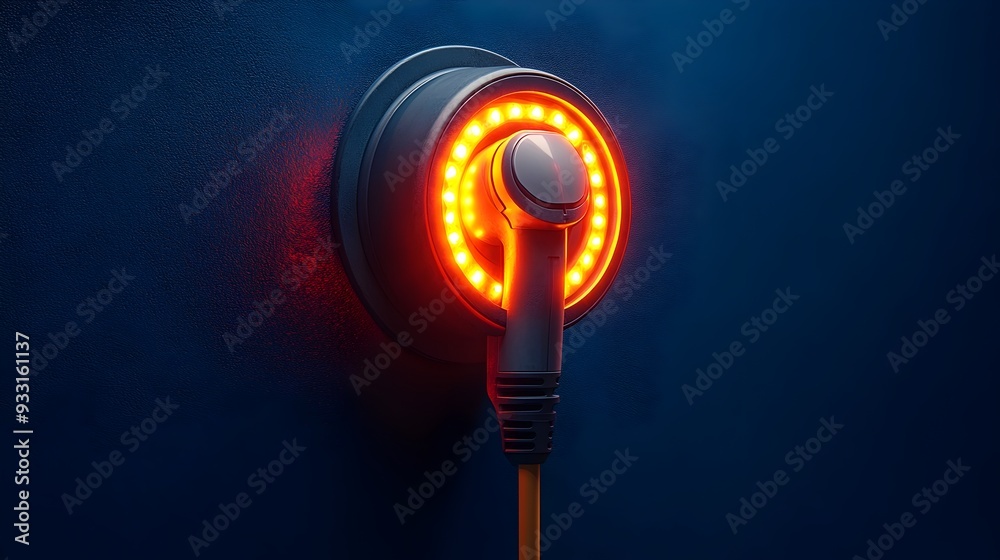 Glowing Power Supply Cable at Electric Car Charging Station on Dark Blue Background Glowing Power Supply Cable at Electric Car Charging Station on Dark Blue Background