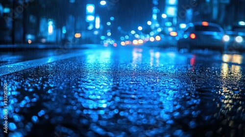 Wallpaper Mural Rainy night in the big city, the headlights of the approaching car. Close up view from the asphalt level,dividing line,by streetlights, reflections of city lights on rain-covered road,night time. Torontodigital.ca