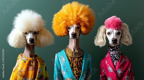 poodles with groom hair style , full potrait , wearing fashionable clothes 