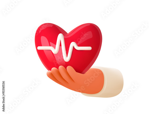 3d hospital icon. Hand holds heart. Сardio concept. Doctor hand, red heart and white pulse line. Medical and cardiac design element. Cartoon vector illustration