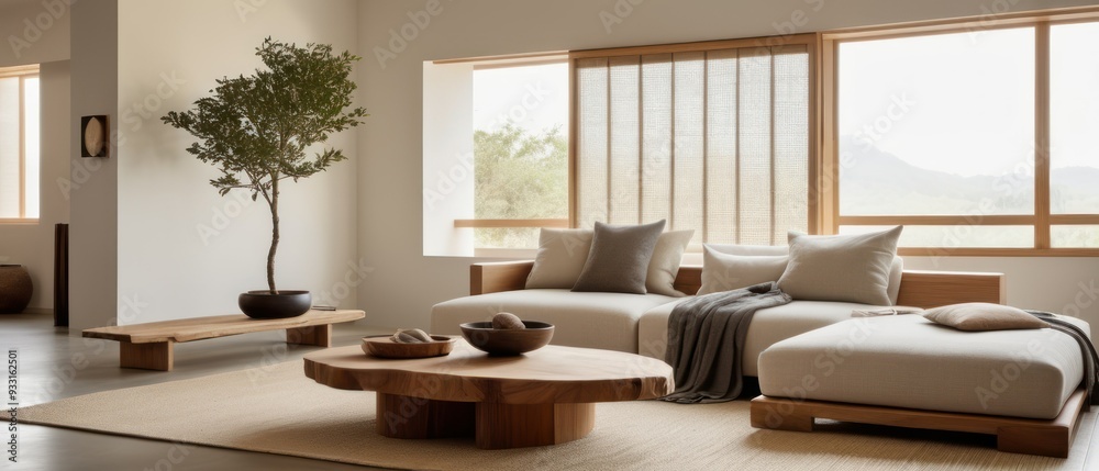 A stylish minimalist living room featuring a light gray sofa, wooden furniture, and a tree artwork. The atmosphere is serene and inviting with natural light and decor. A stylish minimalist living room featuring a light gray sofa, wooden furniture, and a tree artwork. The atmosphere is serene and inviting with natural light and decor.