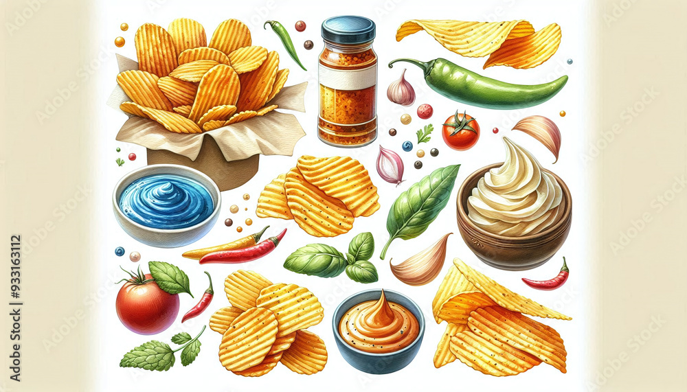 The image contains various food items and condiments, likely ingredients and snacks. There are almonds, a jar of honey, pea pods, green chili peppers, ears of corn, a bowl of whipped cream or a simila The image contains various food items and condiments, likely ingredients and snacks. There are almonds, a jar of honey, pea pods, green chili peppers, ears of corn, a bowl of whipped cream or a simila