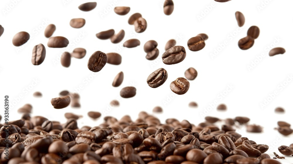 Naklejka premium Flying and Falling Fresh Coffee Beans on a White Background. Dynamic Scene Capturing Coffee Beans in Mid-Air and Descending,