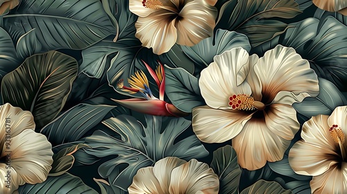 Wallpaper Mural Vintage tropical seamless wallpaper featuring intricate illustrations of hibiscus, bird of paradise, and orchids, set against a warm, pastel background, hand-drawn style, natural lighting, Torontodigital.ca