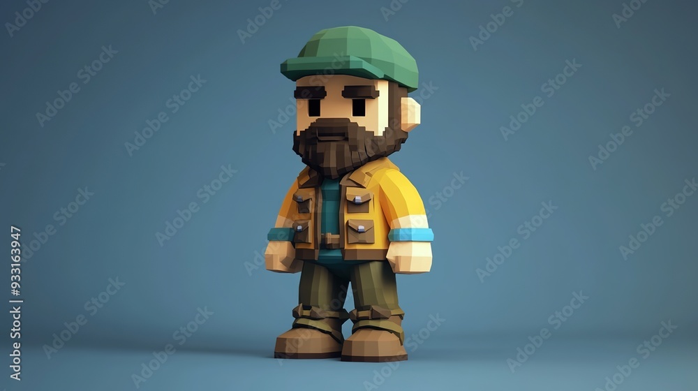 Naklejka premium 3d low poly character, short beard and green cap, wearing an adventure jacket