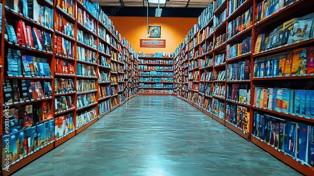 Wander through a spacious bookstore lined with shelves of vibrant books, providing a cozy atmosphere for reading enthusiasts. Wander through a spacious bookstore lined with shelves of vibrant books, providing a cozy atmosphere for reading enthusiasts.