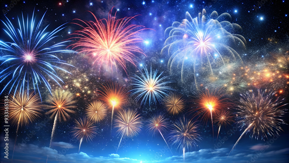 Photo Realistic as Clear night sky with stars and fireworks concept as A serene night sky filled with stars and vibrant fireworks capturing the essence of celebration ideal for business presentations Photo Realistic as Clear night sky with stars and fireworks concept as A serene night sky filled with stars and vibrant fireworks capturing the essence of celebration ideal for business presentations