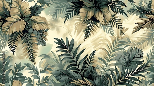 Vintage-inspired seamless wallpaper design featuring intricate illustrations of ferns and foliage, set against a muted, natural green background, hand-drawn details, natural light, lush greenery,