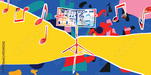 Music collage background with music stand and musical notes.