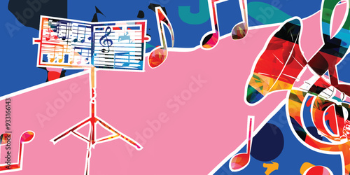 Colorful music stand and G-clef with gramophone horn isolated vector illustration design. Music background. Retro phonograph horn with music notes, music festival poster, concert events, party flyer