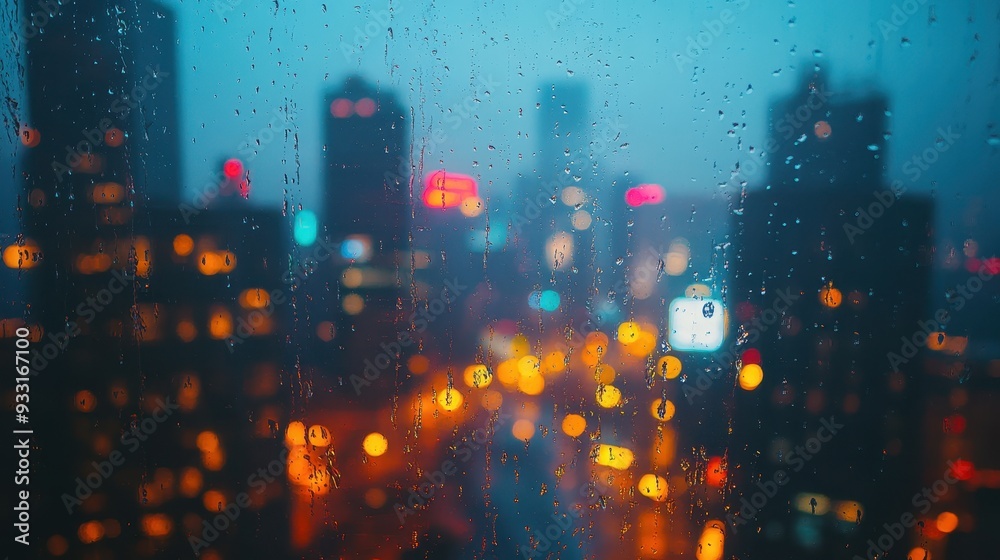 Fototapeta premium View of Night City through a window on a rainy night,Rain drops on window with car on road light bokeh,City life in night in rainy season abstract background. Focus on drops on glass,the wet window.