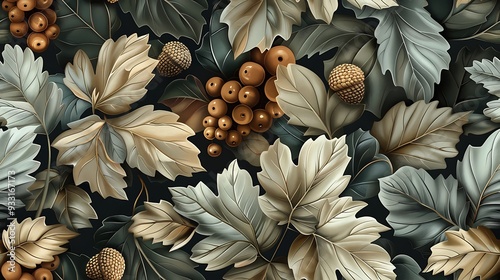 Wallpaper Mural A continuous pattern of autumn botanicals, including falling leaves, acorns, and berries, designed for seamless wallpaper with a vintage rustic flair, deep orange and red tones, intricate details, Torontodigital.ca