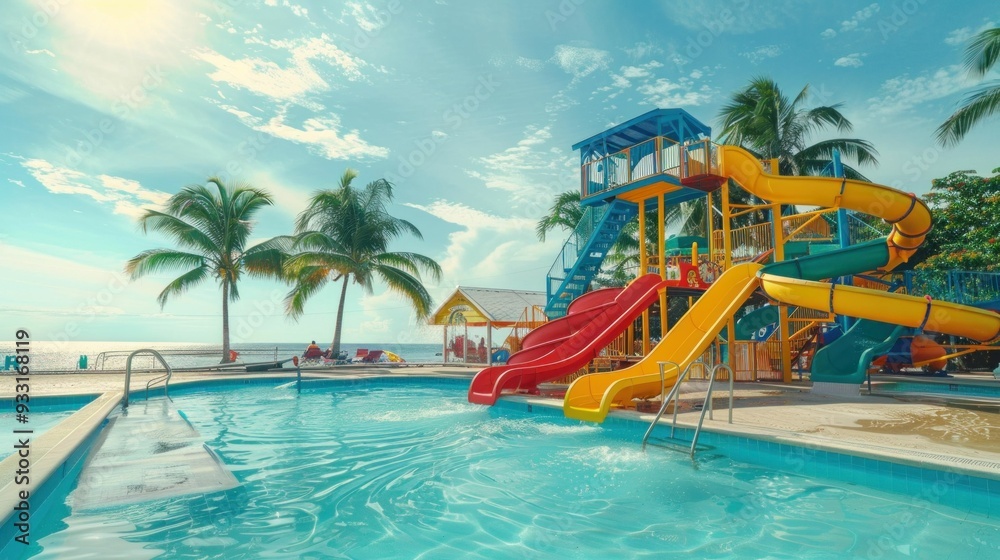 Colorful water slides at a tropical poolside with palm trees and ocean in the background Colorful water slides at a tropical poolside with palm trees and ocean in the background