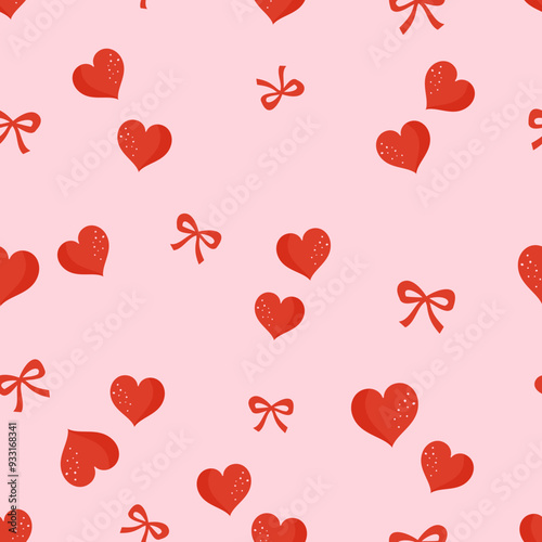 Seamless pattern with red hearts and ribbon bows on pink background vector.