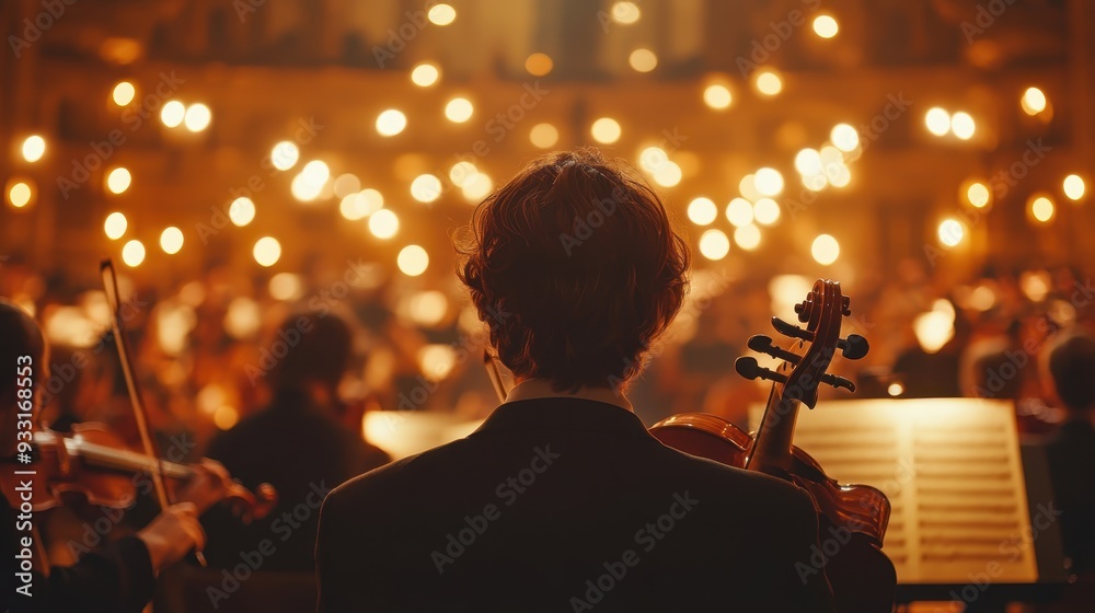 Fototapeta premium Orchestra playing classic instrumental music in concert hall,Professional violin player performing,Symphonic performanceclassical music concept, banner with copy space.