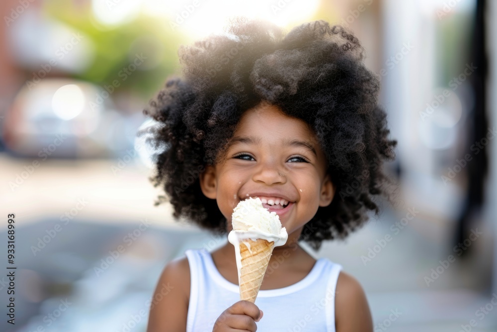 Child's eyes sparkle while eating ice cream. Adorable infant girl sweet smile and afro hair. Image is allegory of pure and exuberant happiness. Child's eyes sparkle while eating ice cream. Adorable infant girl sweet smile and afro hair. Image is allegory of pure and exuberant happiness.