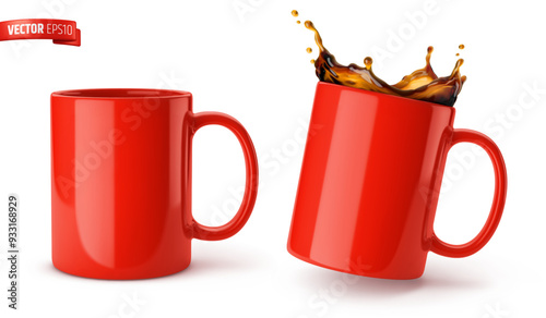 Vector realistic illustration of red ceramic mugs on a white background.