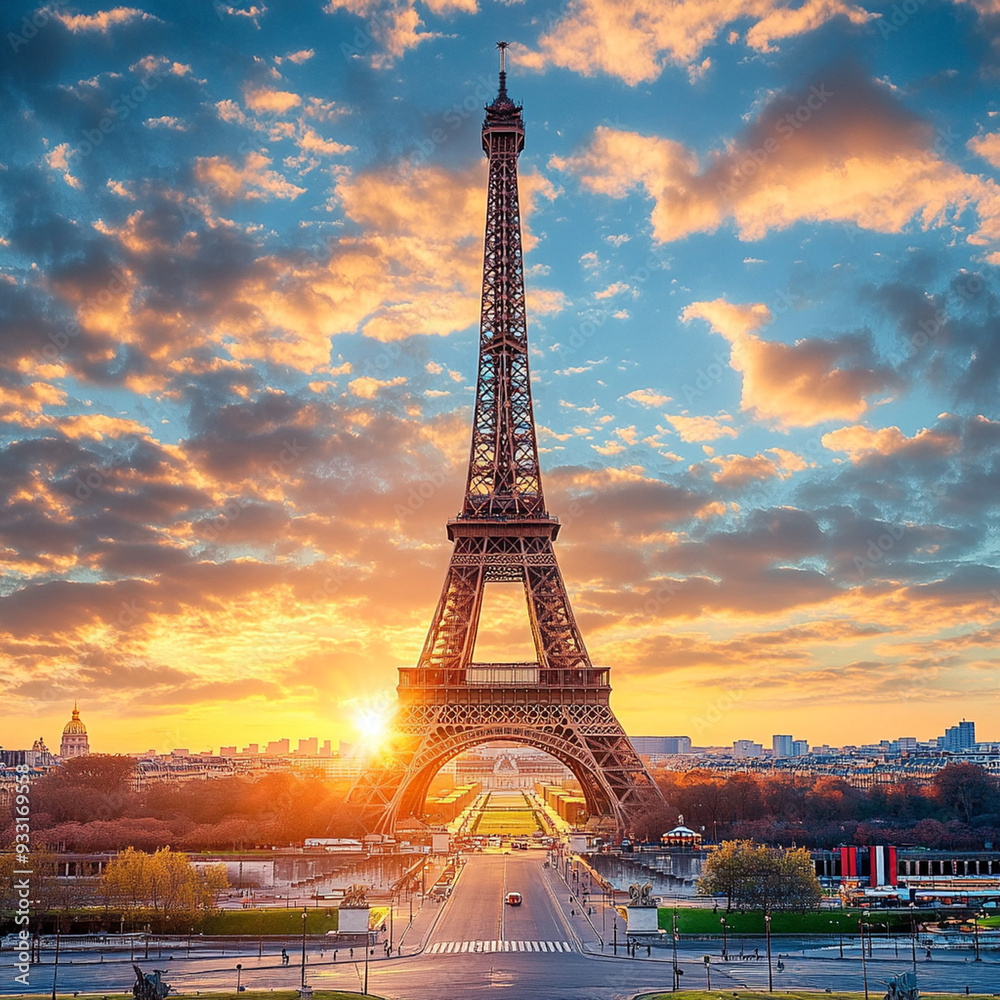 Naklejka premium Eiffel Tower at dawn, French Tower at sunset, romance.
