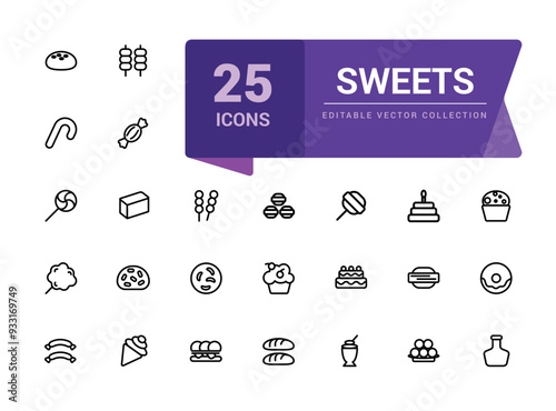 Sweet and pastry icons set. Pixel perfect, minimalistic web and UI icon. Outline icon collections. Editable vector illustration.