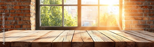 Bright sunlight streaming through a rustic window, highlighting a wooden table in a cozy interior space.