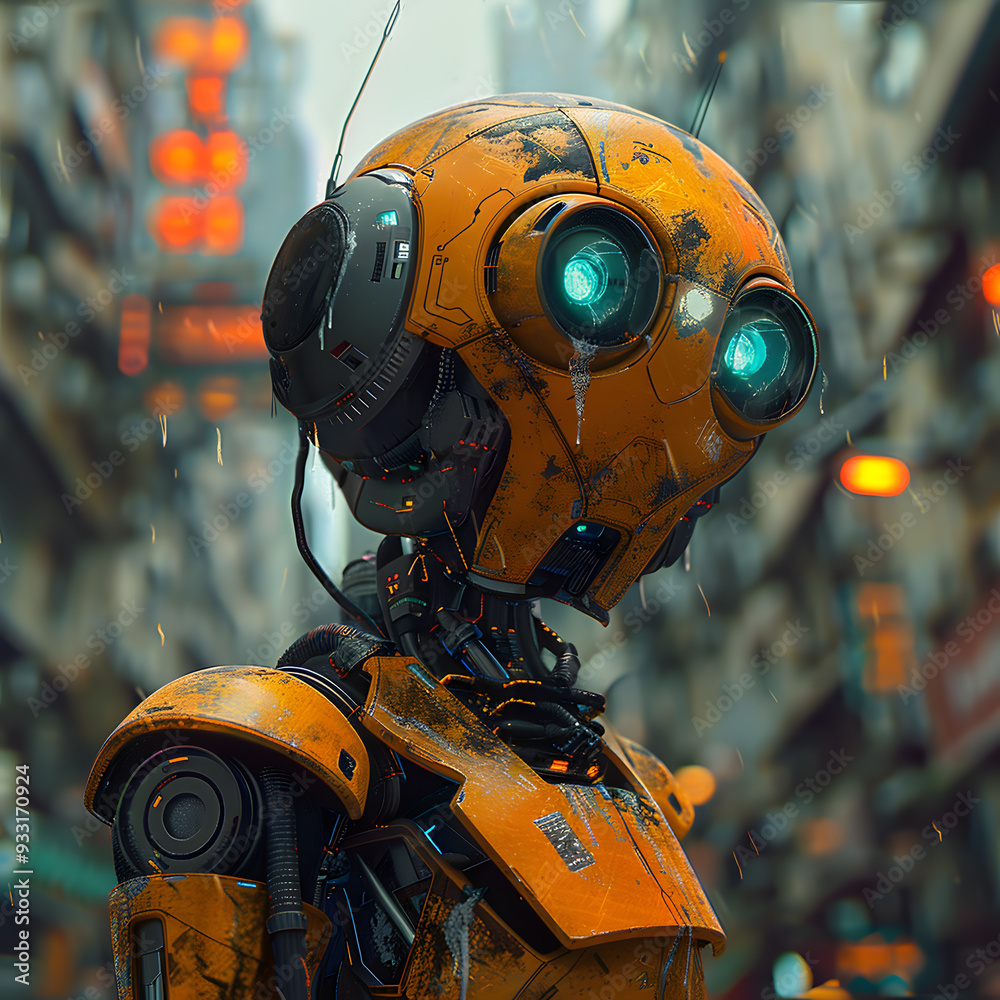 A robotic arthropod with bright blue eyes is standing on a busy city street, resembling a character from a scifi movie A robotic arthropod with bright blue eyes is standing on a busy city street, resembling a character from a scifi movie
