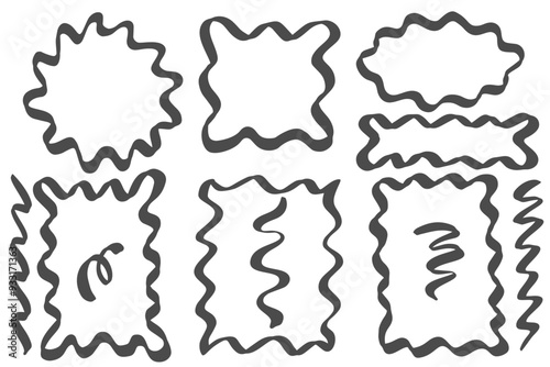 Wavy border frames. Rectangle square scallop shapes. Squiggle hand drawn doodle boxes. Retro curved decorative simple decoration. Retro aesthetic vector lines