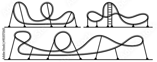 Roller coaster vector silhouettes. Park amusement illustration isolated on white background. Summer railroad entertainment construction on fairground circus and carnival.