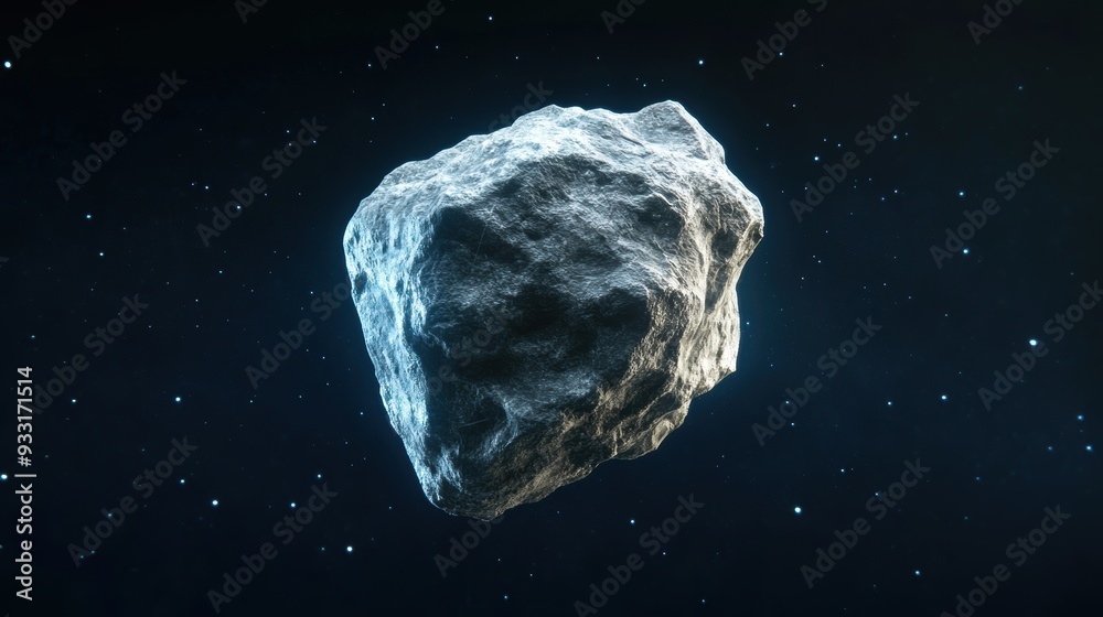 An asteroid floats in the depths of space, surrounded by distant stars and cosmic dust An asteroid floats in the depths of space, surrounded by distant stars and cosmic dust