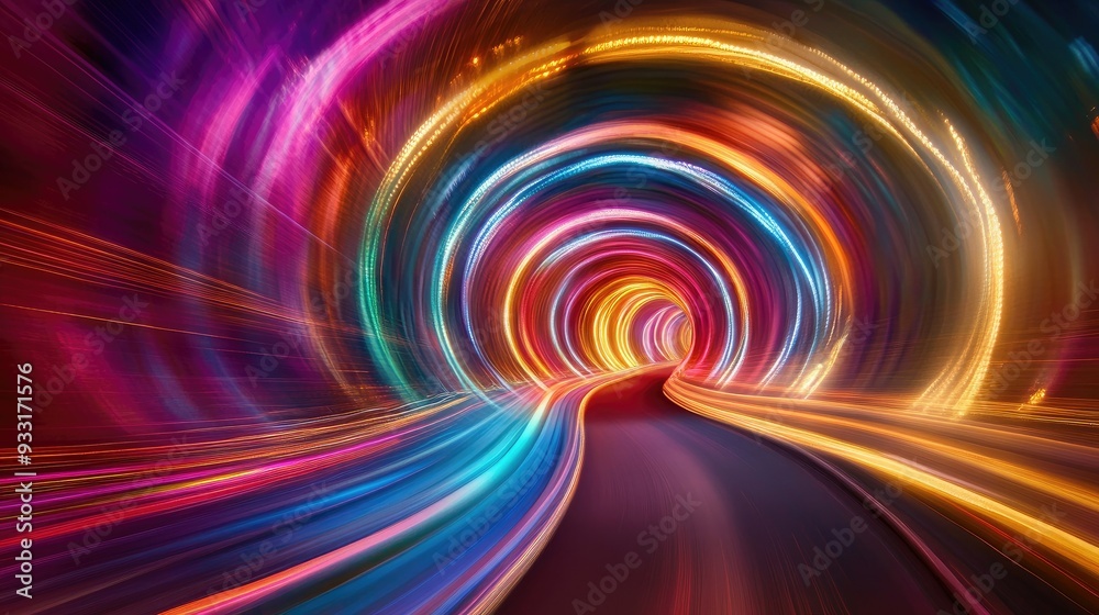 A colorful tunnel filled with swirling light streaks, capturing a sense of motion and vibrancy in the scene. A colorful tunnel filled with swirling light streaks, capturing a sense of motion and vibrancy in the scene.