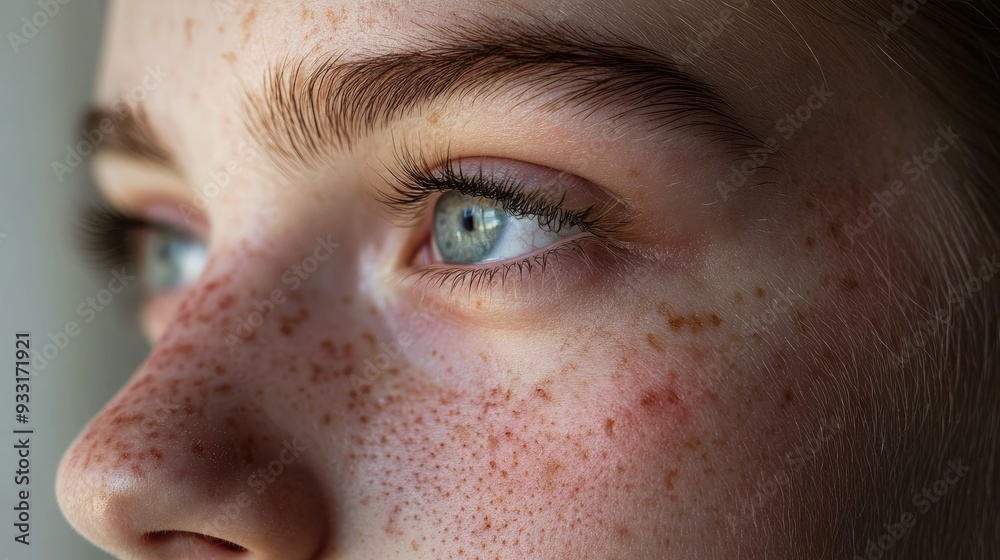 Fototapeta premium A detailed shot of a young person's face, focusing on blemishes, acne, and skin texture.