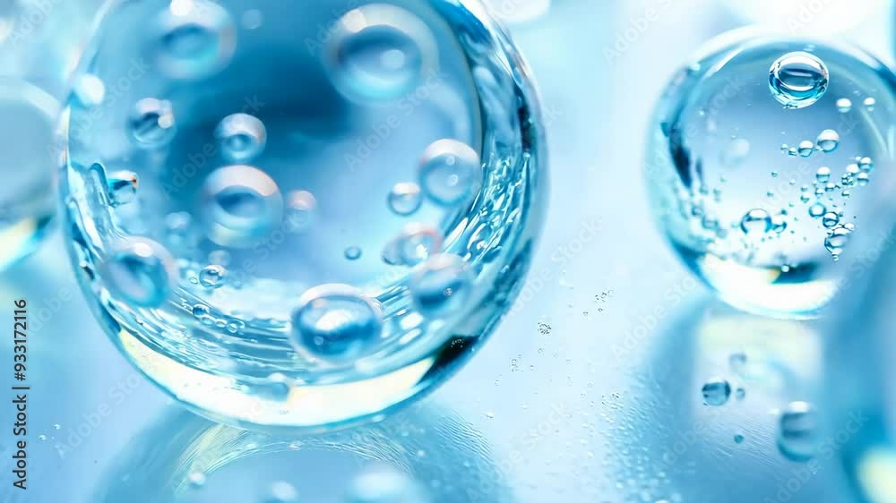 Close-up of transparent water bubbles with reflections, creating an abstract and serene aquatic scene. Close-up of transparent water bubbles with reflections, creating an abstract and serene aquatic scene.