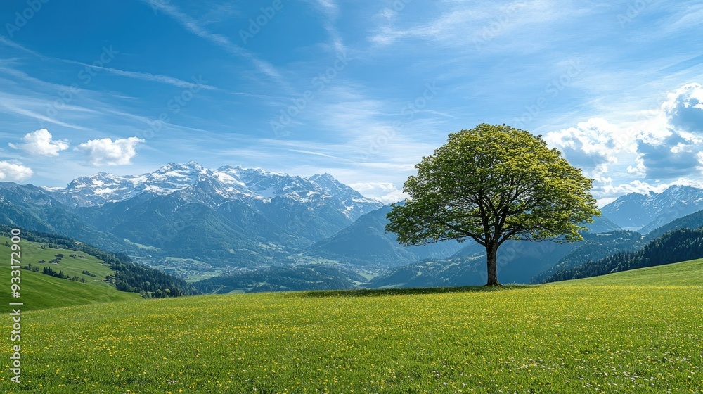 Fototapeta premium A lone tree graces a green meadow, with stunning mountain landscapes in the background and a bright blue sky above.
