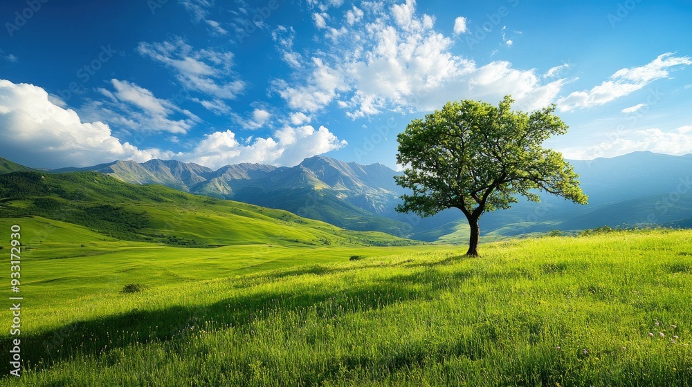A lone tree graces a green meadow, with stunning mountain landscapes in the background and a bright blue sky above. A lone tree graces a green meadow, with stunning mountain landscapes in the background and a bright blue sky above.
