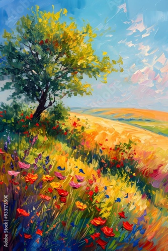 poster of a tree in an oil painting landscape, flower field