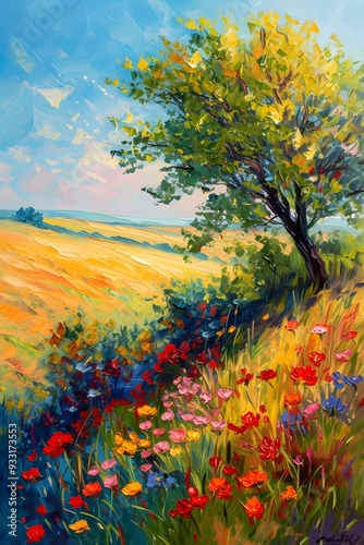 poster of a tree in an oil painting landscape, flower field