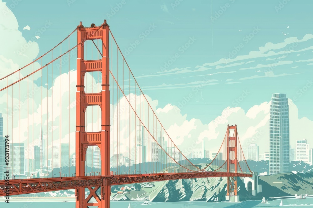 Obraz premium Illustration of a red suspension bridge against a city skyline. Conceptual view emphasizing modern urban landscapes and architectural beauty. Digital artwork, cityscape. Generative AI