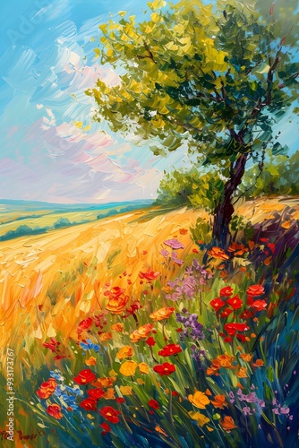 poster of a tree in an oil painting landscape, flower field