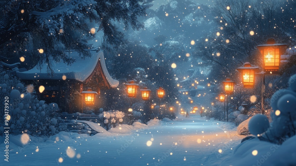 Fototapeta premium A peaceful winter night, where glowing lanterns illuminate a snow-covered landscape, with snowflakes cascading gently.